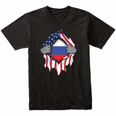 Russian American Flags Hands Ripping Flag on Chest T-Shirt - Russia Flag Shirt