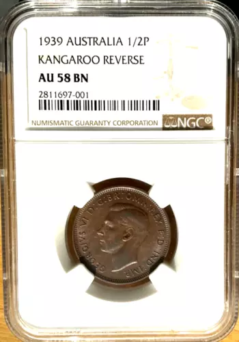 1939 Australia 1/2 Penny, NGC AU 58, Kangaroo Reverse