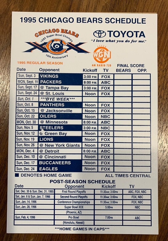 1995 Vintage Chicago Bears Magnet Schedule 4”x6” - 10 year superbowl anniversary