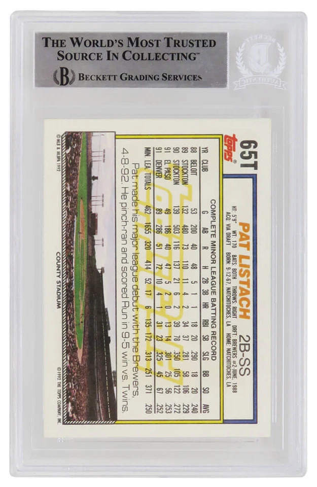 Pat Listach autographed 1992 Topps Trade Gold RC Card #65T w/92 AL ROY (Beckett) - Image 2 of 2