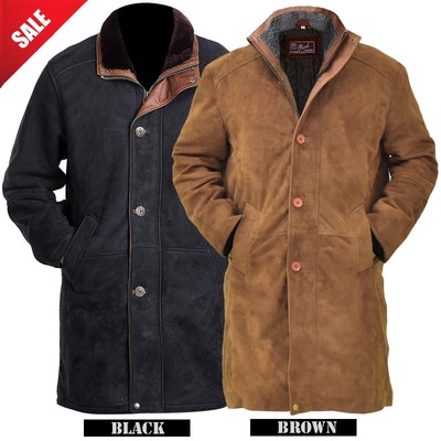 Western Cowboy Trucker Style Cowhide Suede Leather Long Coat Jacket Men S Winter Western Cowboy Trucker Style Cowhide, Leather Suede Winter Coats