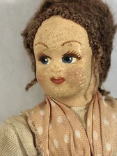 Cloth Doll Hand Painted 6" Auburn Brown Hair Doll Farmer Vintage