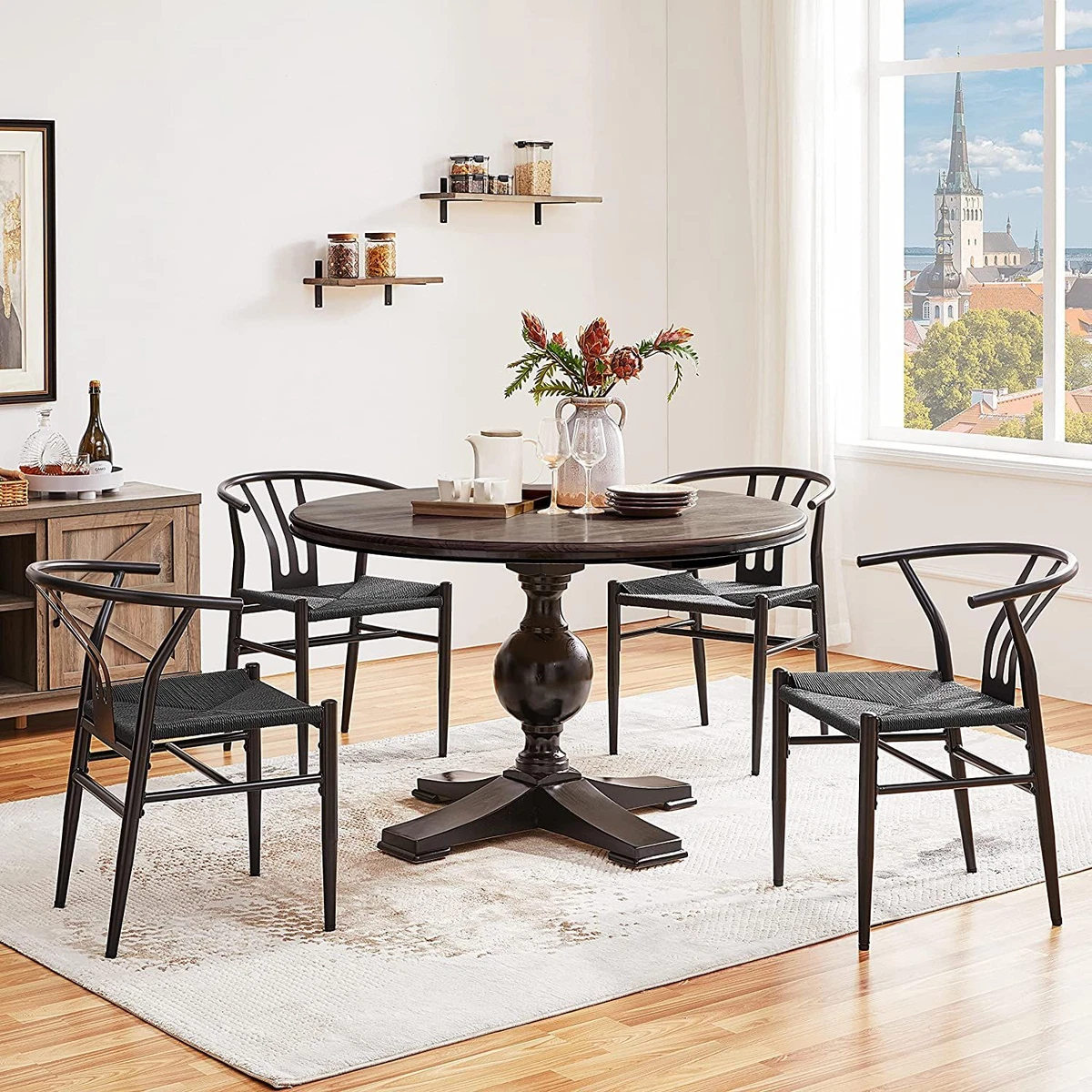 Yaheetech Wishbone Dining Chair Weave Mid Century Rattan Full Black
