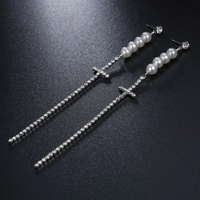 Mujer Retro Pendientes Perlas Cristal Jesús Cruz Borla Gypsophila Bling 0558 Foto 2 de 4