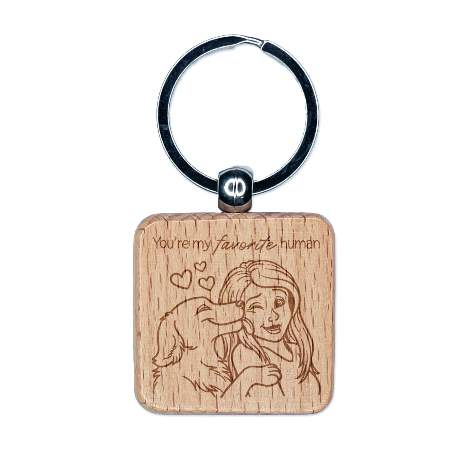 You're My Favorite Human Dog Licking Woman's Face Engraved Wood Square Keychain