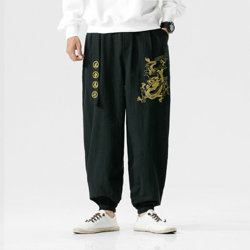 Men Chinese Kung Fu Pants Dragon Tai Chi Harem Trousers Wushu