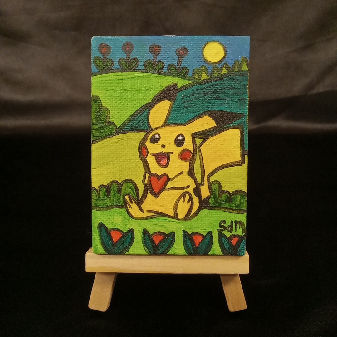 Pikachu Inspired Pokémon Original Oil Painting ACEO Mini Art Fantasy 2.5x3.5