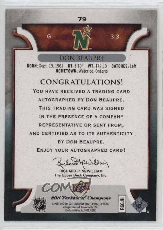 2011-12 Upper Deck Parkhurst Champions Auto Don Beaupre #79 Auto - Image 2 of 2
