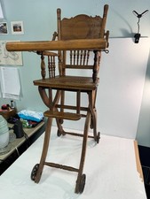 Antique Victorian Oak Combination High Chair Youth, w/Metal Wheels RARE 