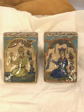 Pair Antique PERSIAN QAJAR FIGURAL POTTERY TILES Hand Painted BIRDS 19th Century