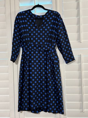 Vintage Pauline Trigere Women's Black With Blue Polkadot Long Sleeve Dress 8/10