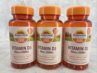 3 Bottles! Sundown Vitamin D3 50mcg 2000IU 150 softgels Each. EXP 2026/2027