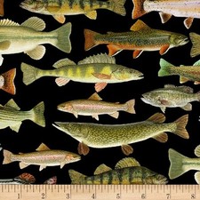 44 Inch Black Cotton Fabric Timeless Treasures Gone Fishing Sold by the Yard