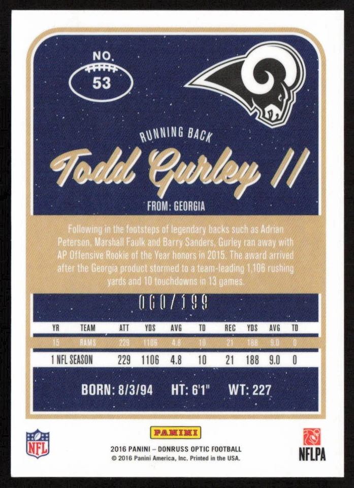2016 Donruss Optic Orange #/199 Todd Gurley II #53 Los Angeles Rams - Image 2 of 2