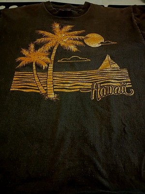 Men's Vintage Single Stitch Hawaii Gold Glitter Graphic T-Shirt Black L
