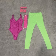Smiffys 80s Workout Costume Adult Medium Neon Pink Green Aerobics Bodysuit