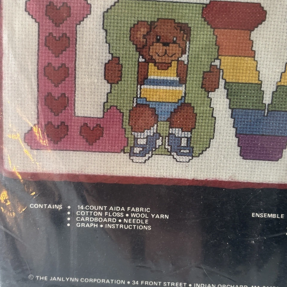Набор для вышивки счетным крестом Janlynn Charmin «Love» 10 x 5 дюймов 1984 Bears Hearts винтажный - Изображение 4 из 4