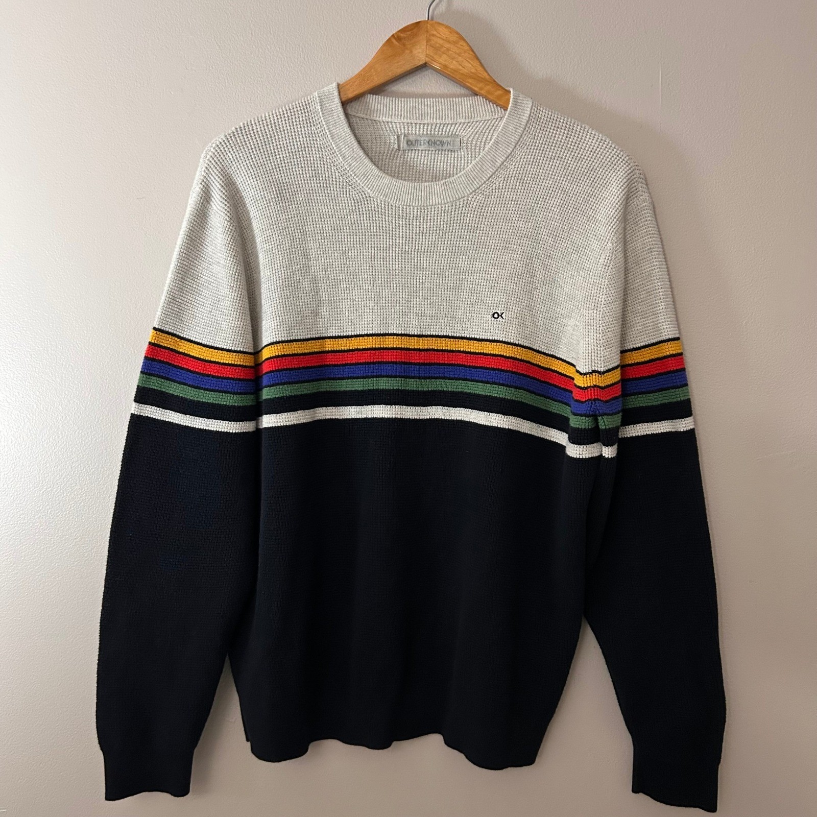 Outerknown Nostalgia Mens XL Retro Rainbow Striped Waffle Knit Crewneck Sweater