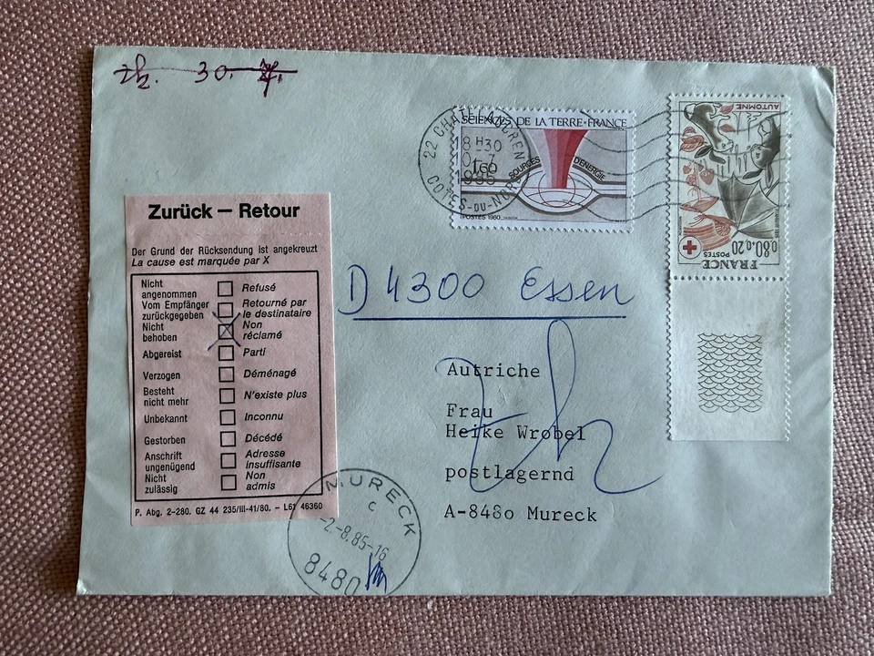 Brief - Frankreich / Österreich / Mureck - 1985 - Retour - zurück Deutschland - Bild 1 von 2