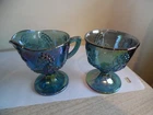 Vintage Indiana Carnival Glass Blue Harvest Grape Sugar & Creamer Set