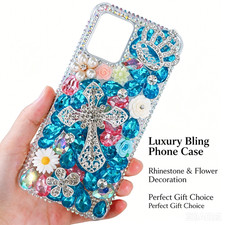 Girly Luxury Sparkly Crystals Floral Flowers Cross Protective Women Phone Case
