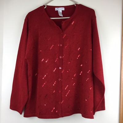 Dress Barn Women's Red Holiday Christmas Sweater Beaded Sequined 18/20 Cardigan