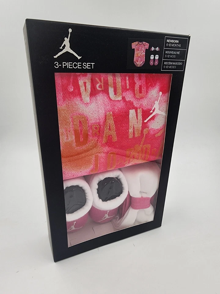 3 Piezas Nike Air Jordan Bebé Niñas Conjunto de Regalo 6-12 Meses Body Botines Rosa B24MPA Foto 2 de 2