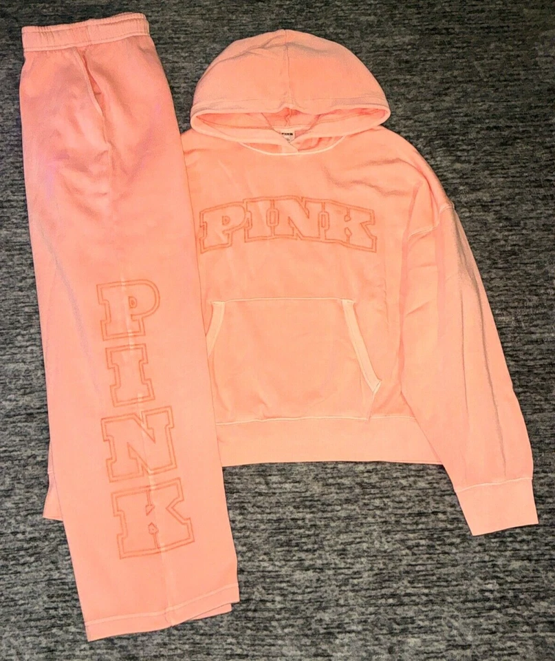 维多利亚的秘密粉色校园连帽套衫 + 裤子套装橙色山珊瑚 L🧡 — 第 4/4 张图片