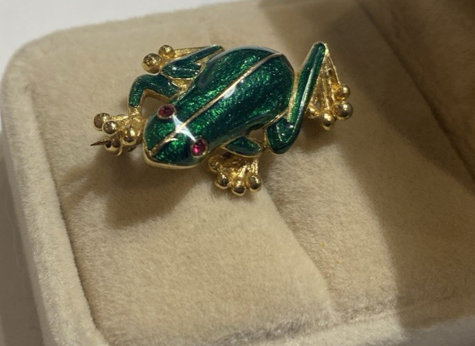 Frog Emerald Green Enamel Ruby Red Rhinestones Go… - image 1