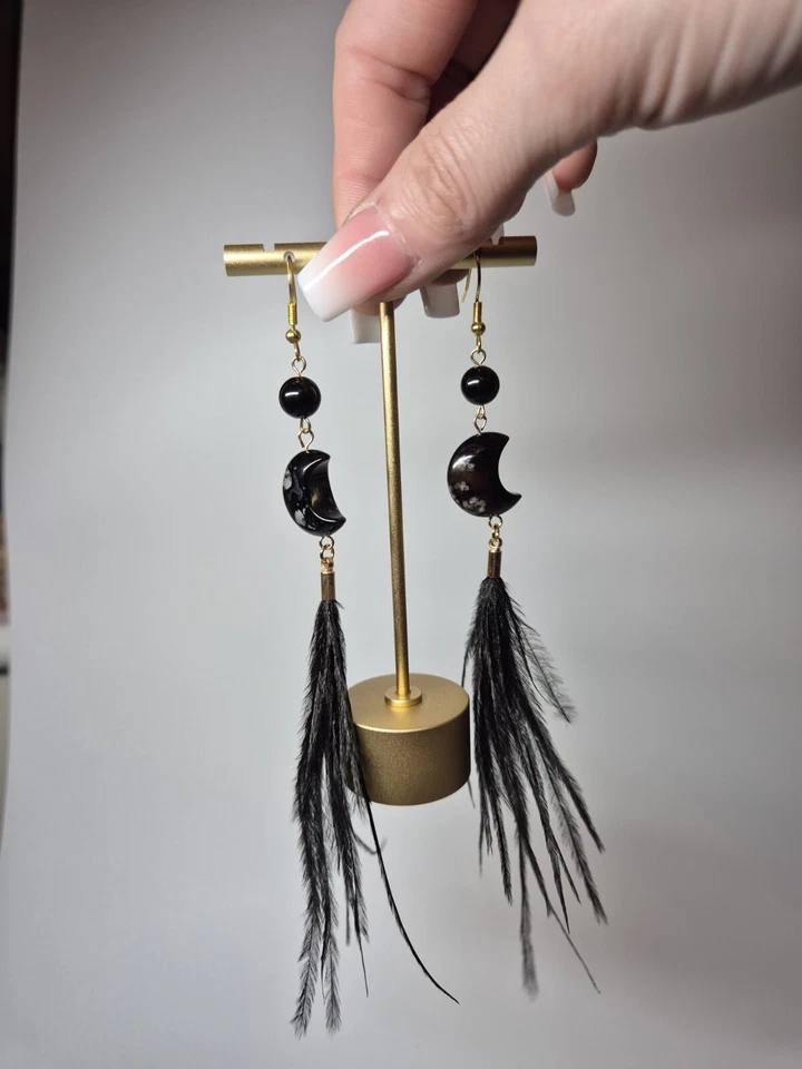 Pendientes de pluma y ágata flor natural en forma de luna Foto 3 de 4