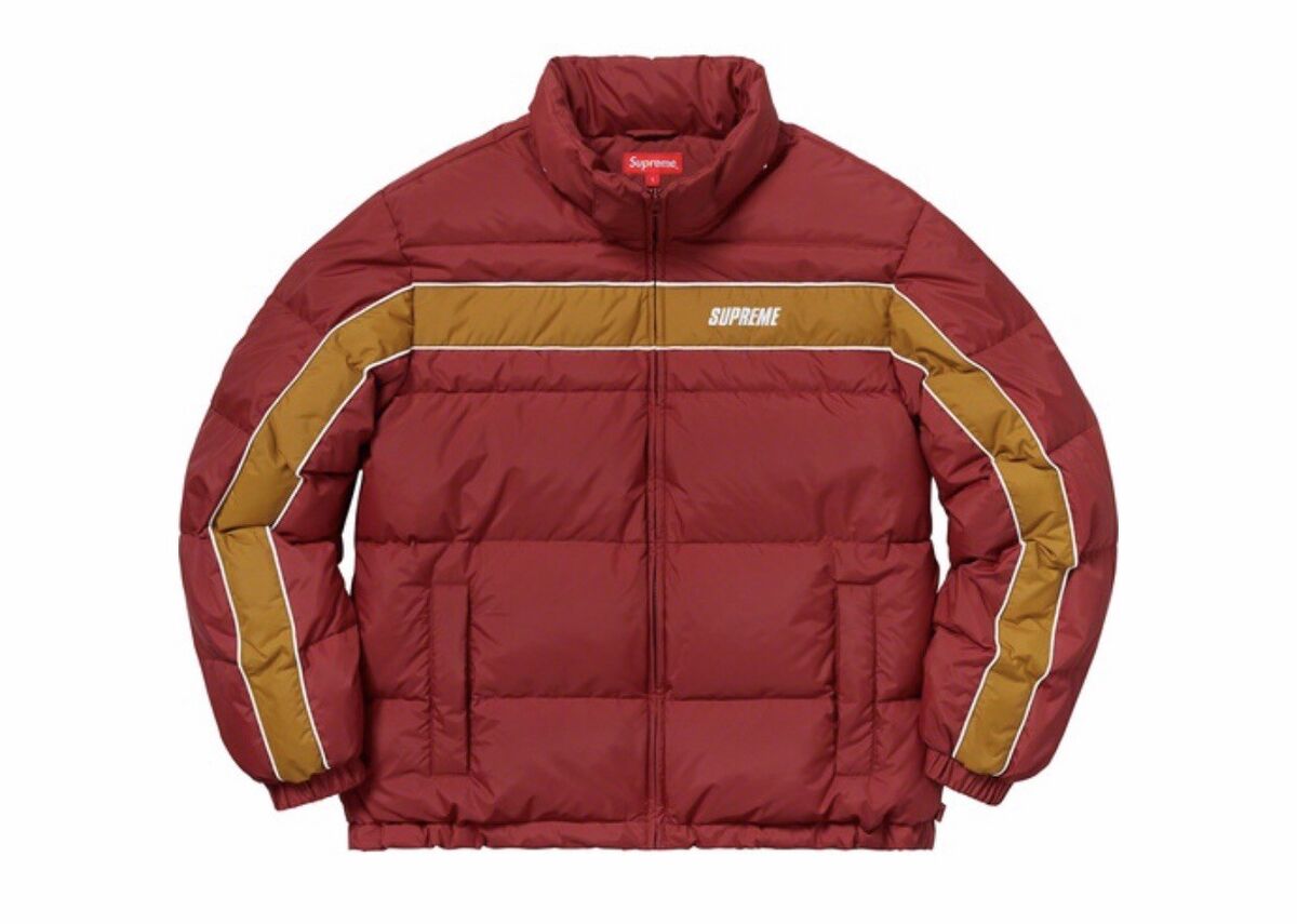 Supreme Stripe Panel Down Jacket Burgundy Size S Brand new in plastic