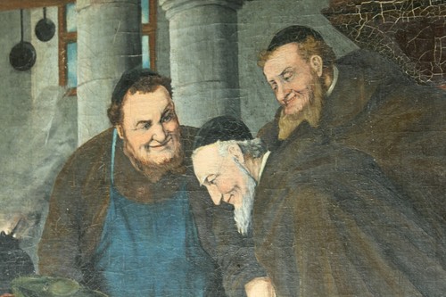 Pintura al óleo ANTIGUA EDUARD VON GRUTZNER? Monjes en la cocina - Imagen 4 de 6