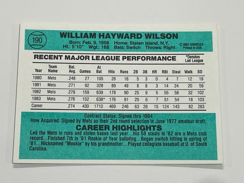1984 Donruss Baseball #190 - Willie Wilson - New York Mets - Picture 2 of 2