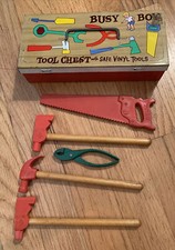 Vintage Busy Boy Tool Chest with Safe Vinyl Tools by Ohio Art Metal Box Mid C