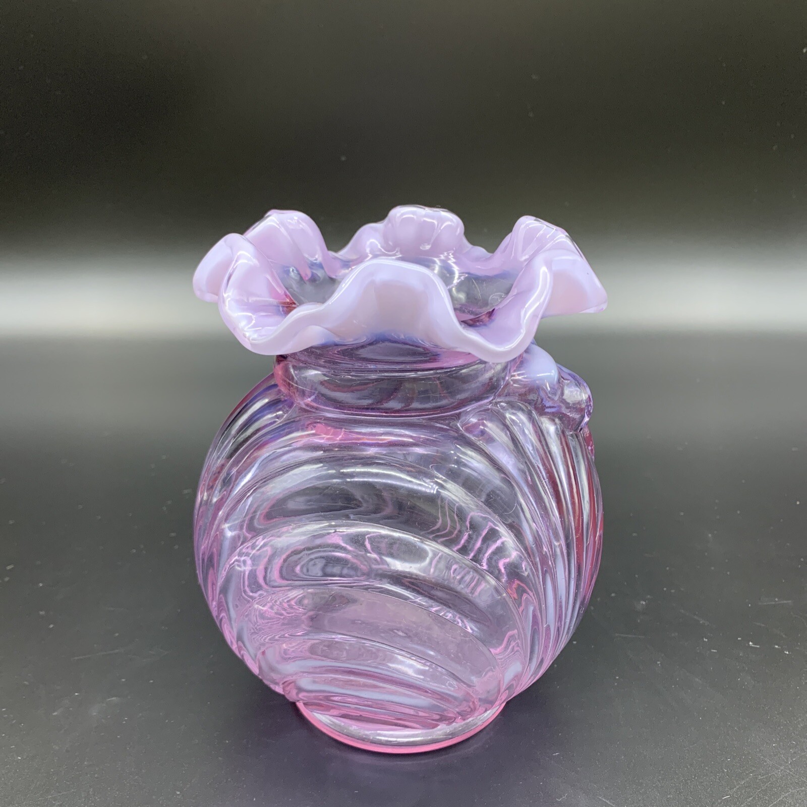 Fenton Art Glass Vase – Light Purple Opalescent, Draped with Ruffled Top & Bow