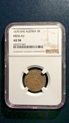 1670 SHS AUSTRIA THREE KREUZER NGC AU58 BRESLAU 3K SILVER Coin PRICED TO SELL !