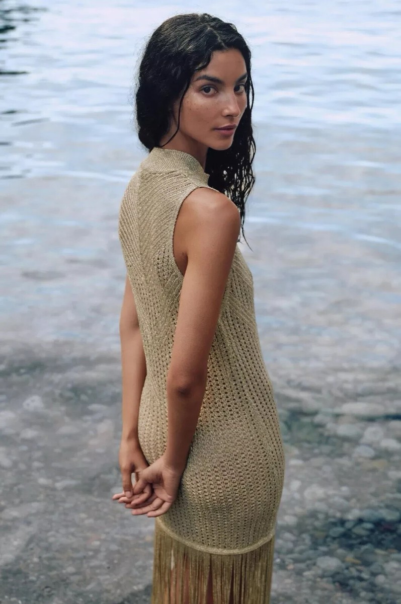 BNWT ZARA Gold Metallic Thread Fringed Long Knit Dress Size S | eBay UK