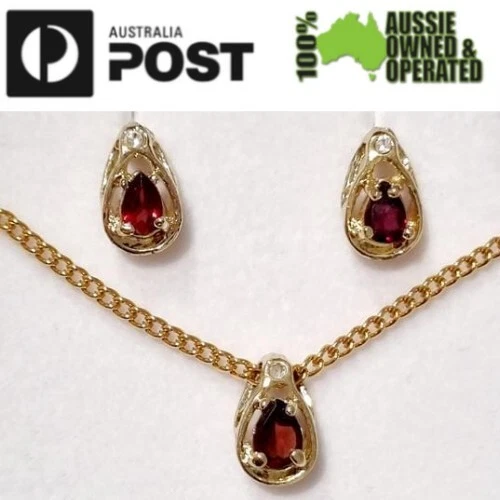 Gold Plated Earrings Ruby Red Fashion Jewellery Necklace Pendent Matching Set