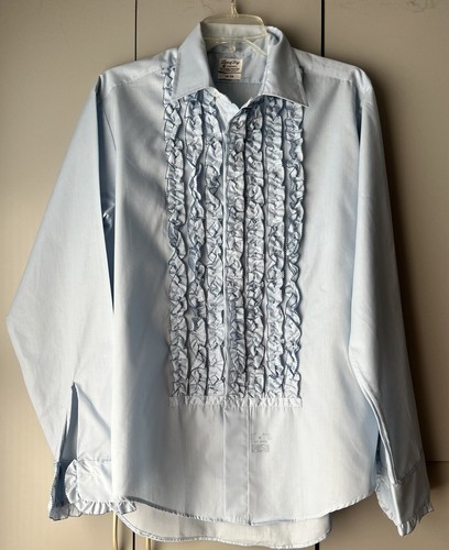 Vtg 70s Lion of Troy Ruffled Baby Blue Tuxedo Shirt Mens 16 34 Victorian Prom