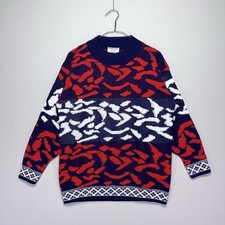 VTG 80s / 90s College Point Knit Sweater - Blue Red Floral - Womens MEDIUM