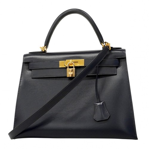 Auth [6ed4275-h] HERMES Handbag Kelly 28 Box Calf Blue indigo Gold metal fit...