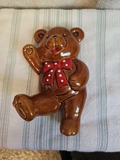 Teddy Bear ceramic wall hanging. Made in Japan. Brown with red bow.