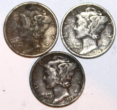 (3) Mercury Dimes - Extra Fine - 1935P 1939P 1943P - #1565ED FREE SHIPPING