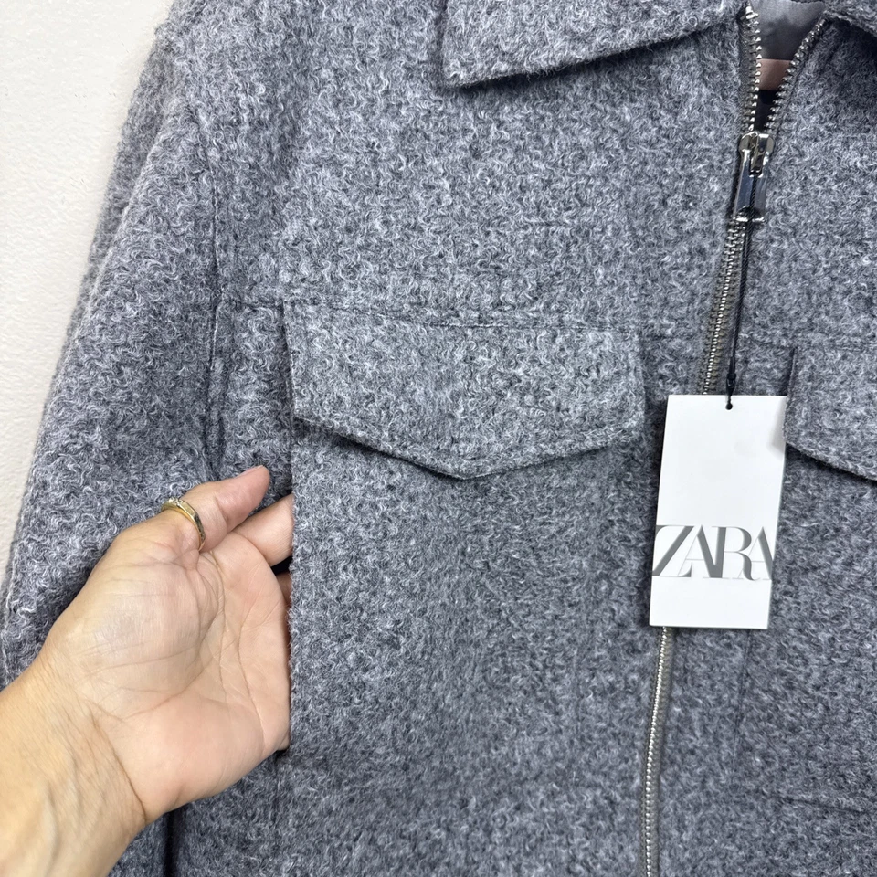 (T7) Zara Womens Crop Jacket, Sz S, Grey Gray Short Bouclé Zip NWT - Image 4 of 4