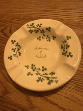 Arklow Pottery Ireland Vintage Ash Tray Trinket Dish Shamrock Clover Green/White