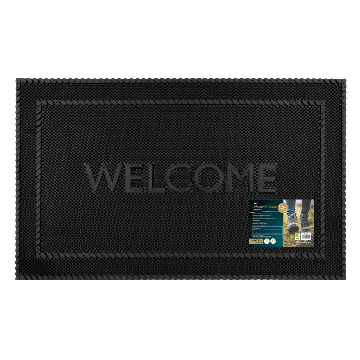 JVL Alvaro Welcome Scraper Black Rubber Pin Entrance Foyer Doormat, 45x75cm