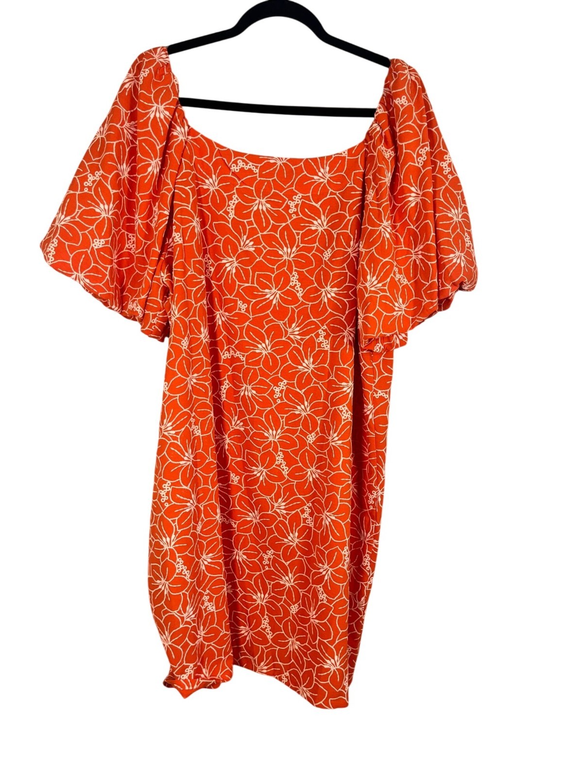 Retro Floral Embroidery Puff Sleeve Dress Orange 2X Boho Indie Folk Preppy Chic