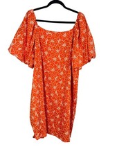 Retro Floral Embroidery Puff Sleeve Dress Orange 2X Boho Indie Folk Preppy Chic
