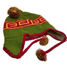 Handmade Green  Red Geometric Knit Fleece Lined Chullo Earflap Hat OS Folk Peru