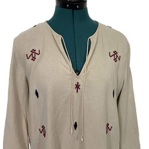 Madewell Embroidered Top Raw Silk Noil Yarn Size XS Beige Tribal Print Western - Picture 2 of 9
